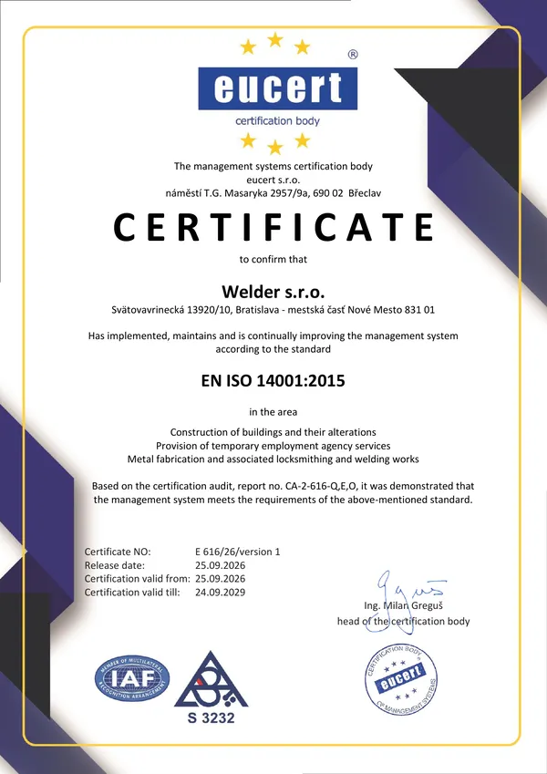 Certyfikat EN ISO 14001:2015 dla Welder s.r.o., numer E 616/26/version 1, wydany przez eucert s.r.o., ważny od 25.09.2026 do 24.09.2029