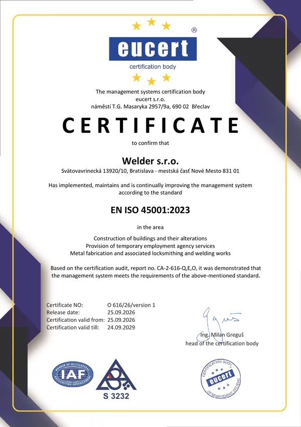 Certyfikat EN ISO 45001:2023 dla Welder s.r.o., numer O 616/26/version 1, wydany przez eucert s.r.o., ważny od 25.09.2026 do 24.09.2029