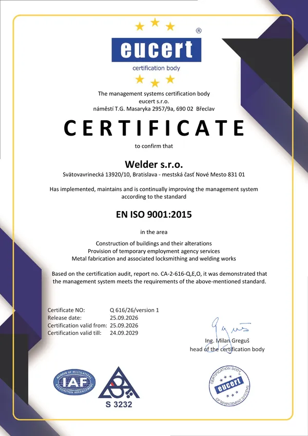 Certyfikat EN ISO 9001:2015 dla Welder s.r.o., numer Q 616/26/version 1, wydany przez eucert s.r.o., ważny od 25.09.2026 do 24.09.2029
